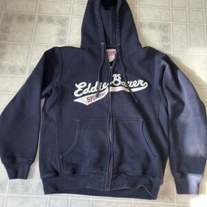 Eddie Bauer Sport Shop Heavy Zip-Up Spell out Hoodie Navy Blue Size Small